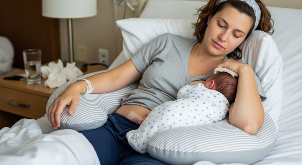 New mother using football hold with nursing pillow after C-section recovery