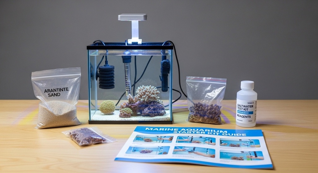 reef aquarium starter system with LED lighting and coral tank