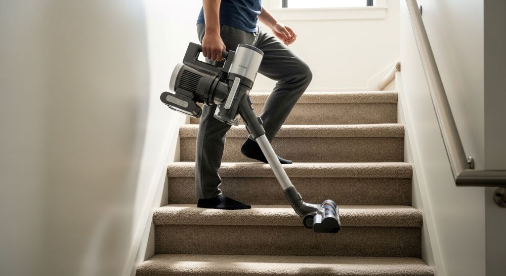 Person easily carrying portable cordless vacuum up stairs with one hand