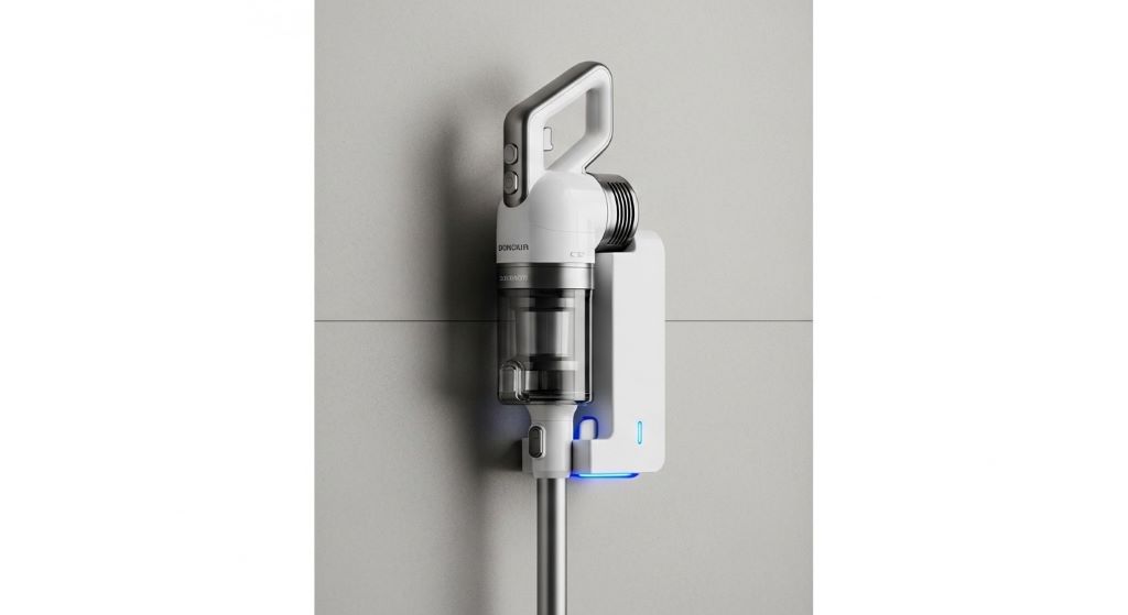 Lightweight cordless stick vacuum standing upright in compact wall-mounted charging dock