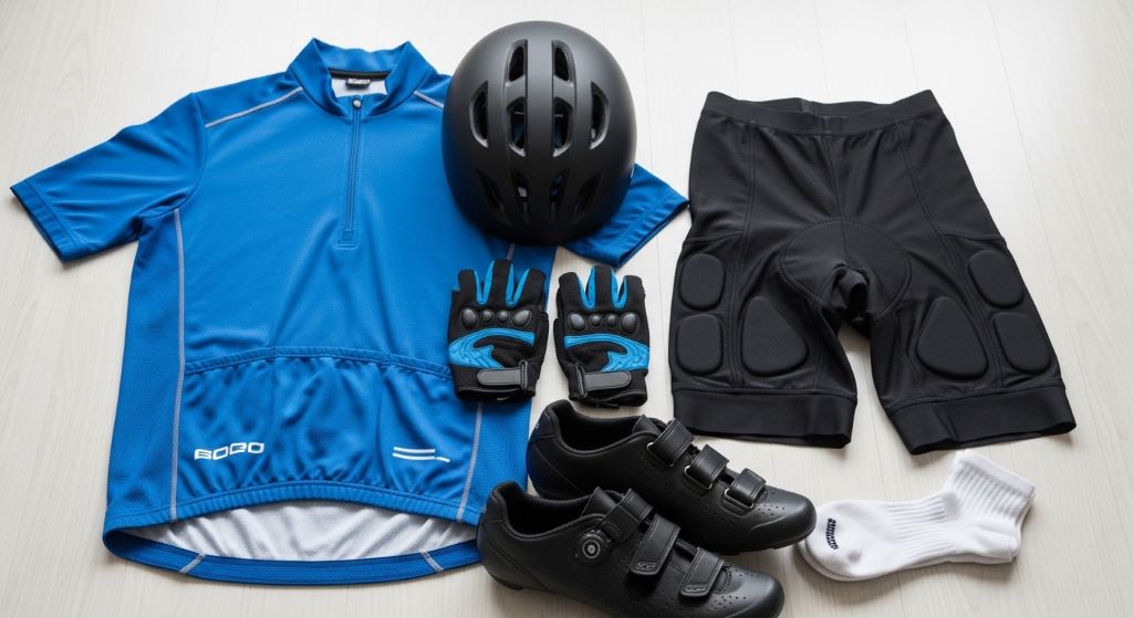 Affordable cycling outfit with jersey, shorts, helmet, and gloves laid out neatly