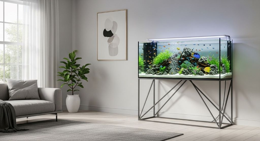 Modern metal frame aquarium stand supporting 75-gallon tropical fish tank in contemporary living room with clean minimalist design