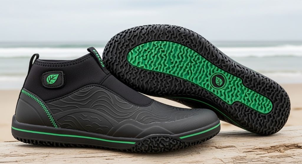Sustainable neoprene surf shoes showing grip pattern and environmentally conscious design features