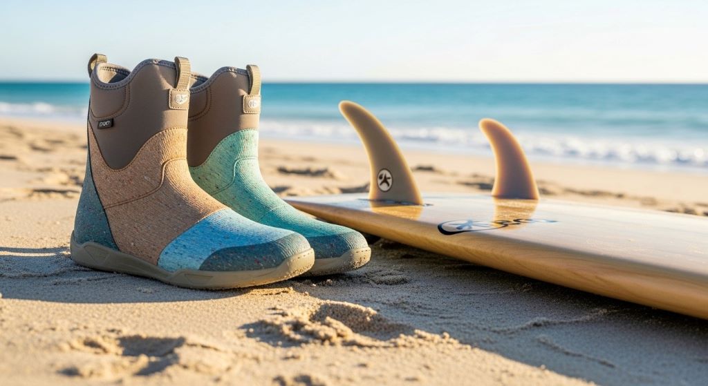 Eco-friendly surf boots with recycled materials on sandy beach next to surfboard