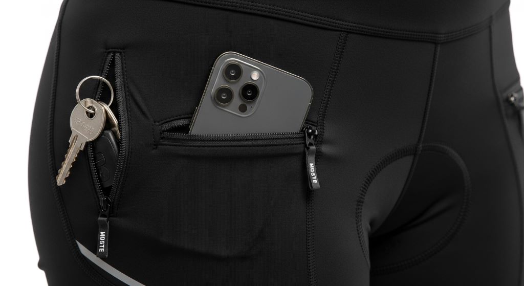 Close-up view of zippered pockets on women's cycling shorts showing secure storage for phone and keys