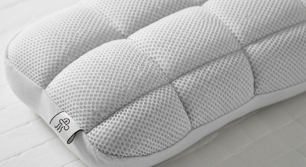 Close-up of a ventilated toddler pillow showing breathable mesh panels and moisture-wicking fabric for hot sleepers