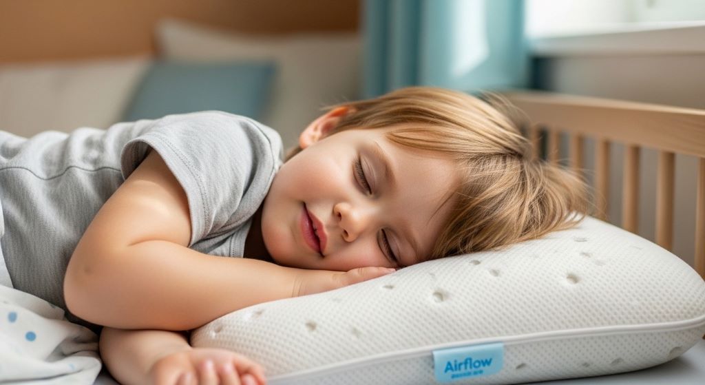 Toddler sleeping peacefully on a breathable cooling pillow with airflow design for comfortable rest