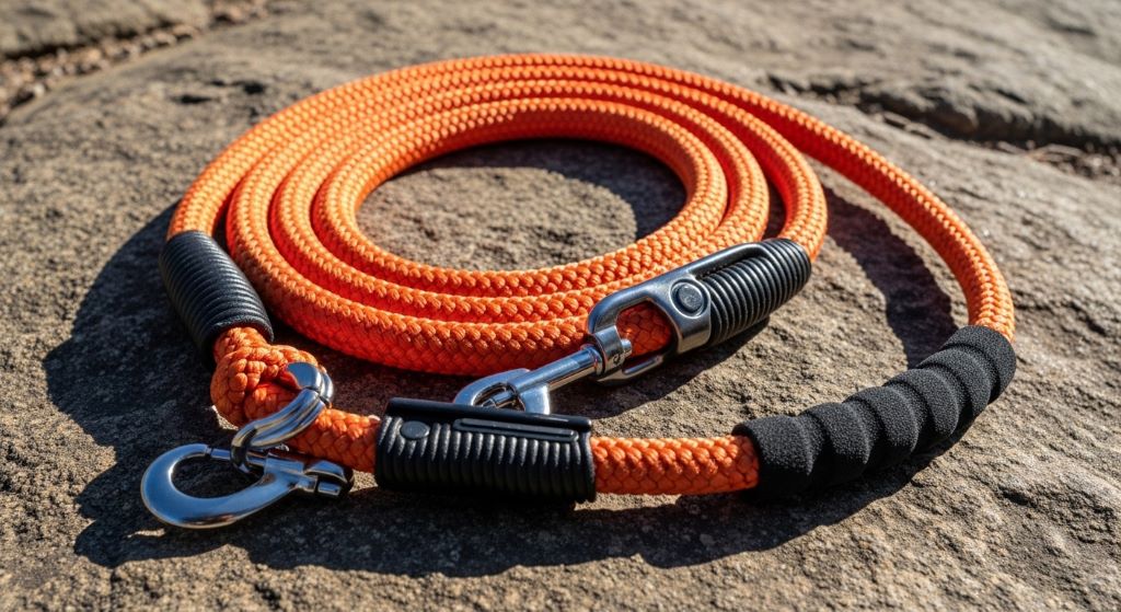 Durable braided mountaineering rope dog leash in bright color lying on rocky trail surface showing weather-resistant construction and sturdy hardware