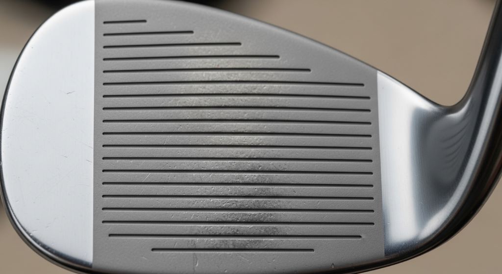 Golf wedge grooves close-up showing sharp edges for maximum spin performance