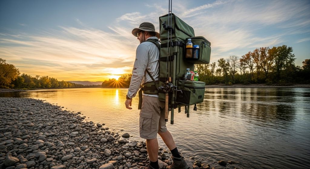 Portable fishing chair with backpack straps and rod holder for travel fishing trips