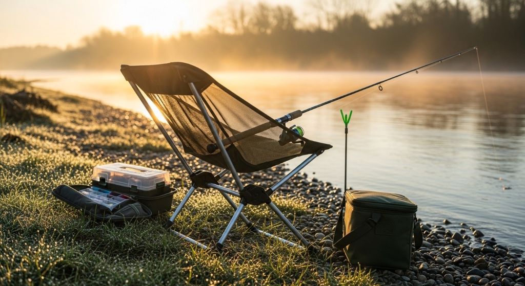 Lightweight foldable fishing chair set up on riverbank with compact design for easy transport