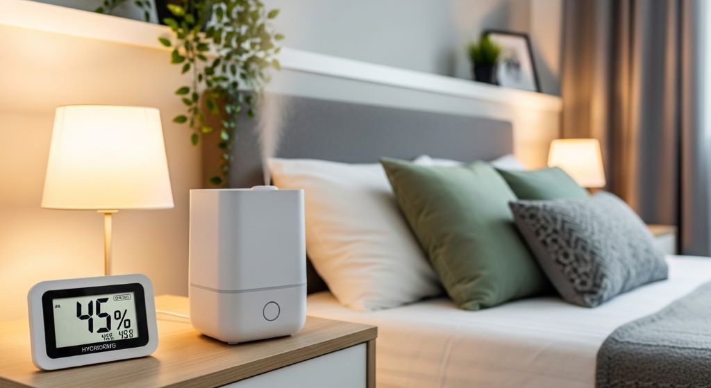 Digital hygrometer displaying optimal humidity reading of 45 percent next to budget-friendly humidifier in modern bedroom setting