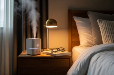 Small white ultrasonic humidifier releasing fine mist on wooden nightstand beside bed in cozy bedroom with soft lighting