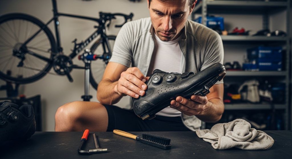 Cyclist inspecting cycling shoe cleats and closure systems for wear and damage during regular maintenance check