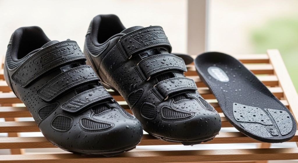 Clean cycling shoes with removed insoles drying naturally after proper maintenance and care routine
