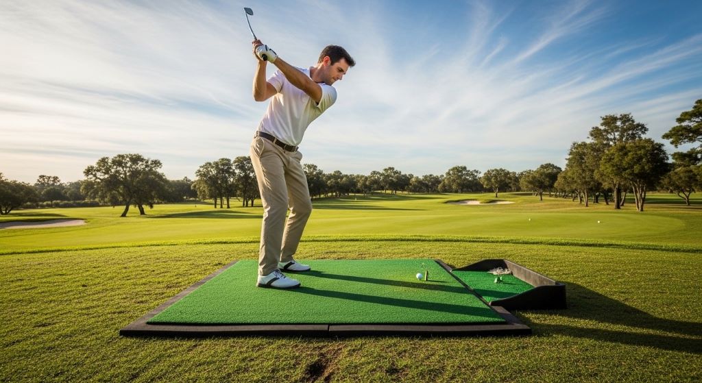 Golfer hitting iron shot from outdoor hitting mat with weather-resistant construction