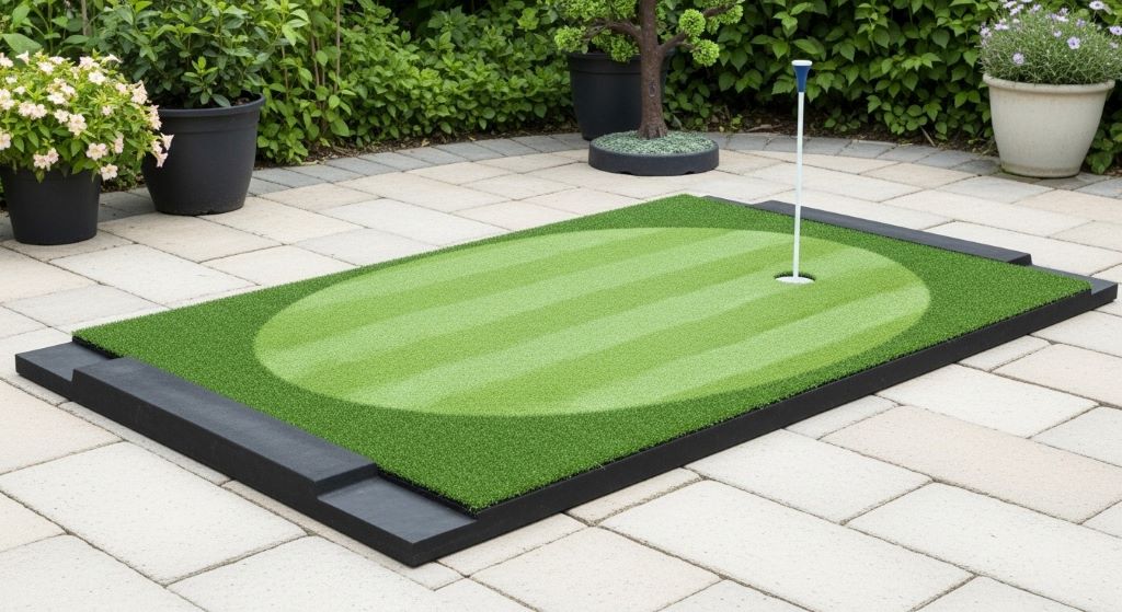 Durable all-weather golf practice mat on outdoor patio with realistic turf surface