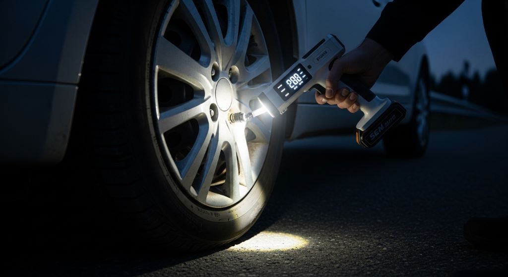Cordless tire inflator with LED light illuminating car tire valve during nighttime roadside emergency inflation