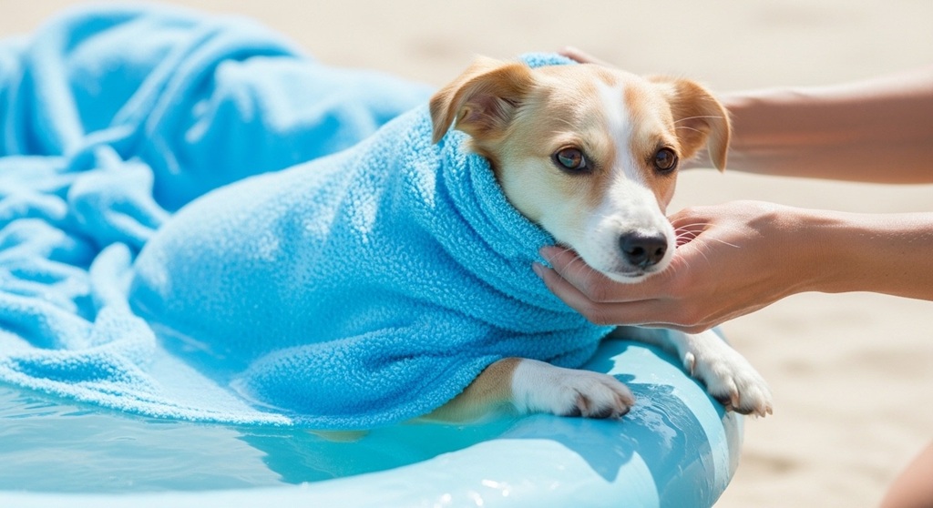 Dog resting on cooling mat in shaded outdoor area