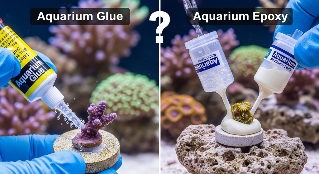 Applying reef safe epoxy to secure coral colony on live rock