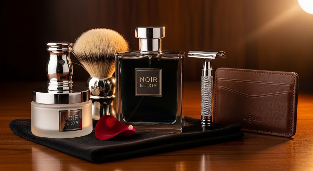 Luxury fragrance gift set with cologne bottle and grooming accessories
