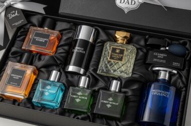 Collection of mens cologne bottles in elegant gift packaging for dad