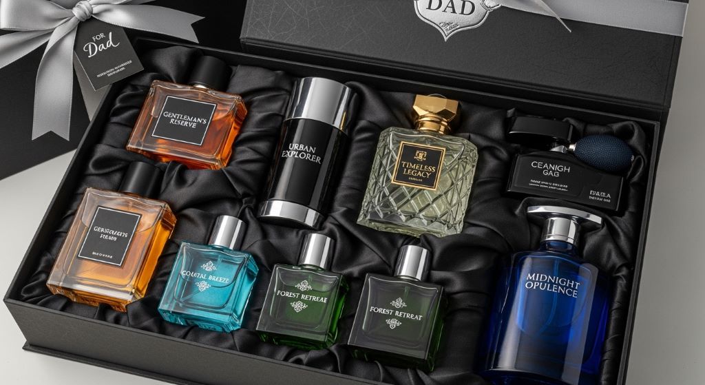 Collection of mens cologne bottles in elegant gift packaging for dad