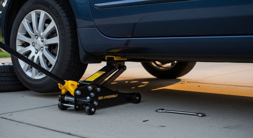 Affordable scissor jack with safety features positioned under vehicle for tire change