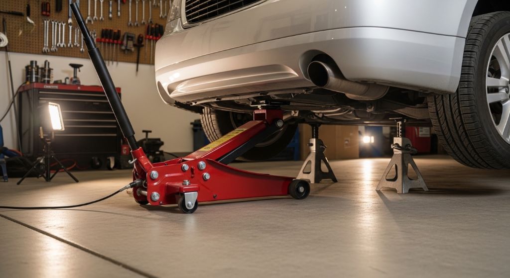 Budget hydraulic floor jack lifting a car safely in home garage for maintenance