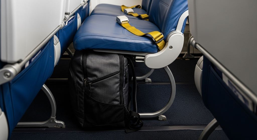 A compact travel backpack placed under an airplane seat, showing it fits within personal item size limits