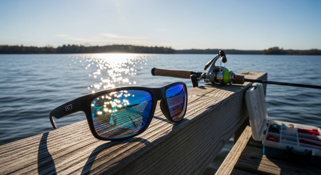 Polarized fishing sunglasses reducing glare on a sunny lake
