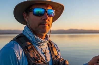 Fisherman wearing UV fishing sunglasses near water during travel