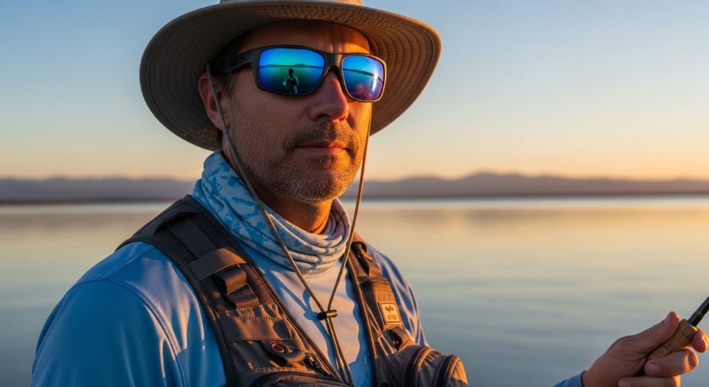 Fisherman wearing UV fishing sunglasses near water during travel