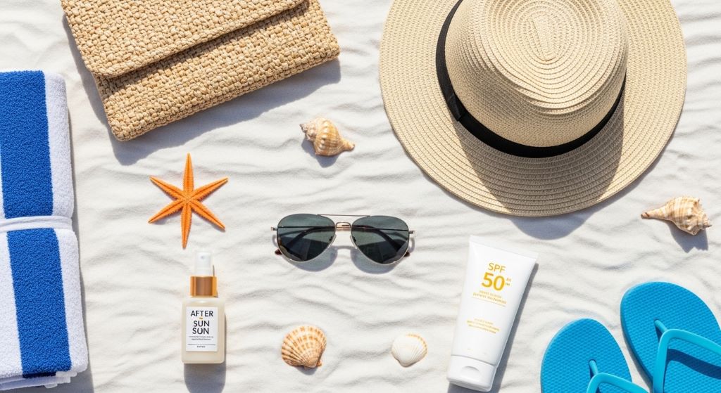Flat lay of beach fashion accessories including men's sunglasses, a straw hat, and sunscreen on a white sandy beach
