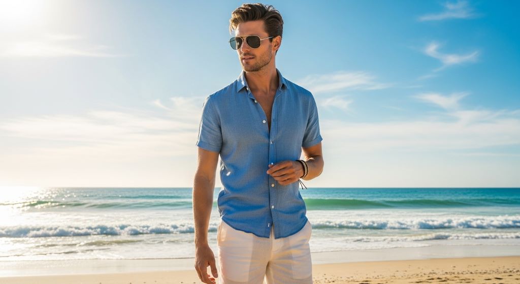 Man wearing stylish eyewear with aviator sunglasses and linen shorts standing on a sunny beach with ocean waves in the background