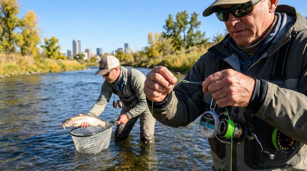 Angler joining braid and fluorocarbon leader beside the South Platte River in Denver Colorado during sunrise
