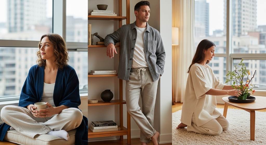 Chicago influencer wearing minimalist Japanese loungewear indoors