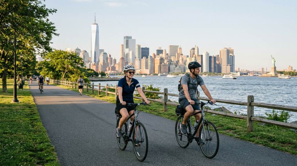 Cyclists riding along the Hudson River waterfront trail in Jersey City with Manhattan skyline views during sunset