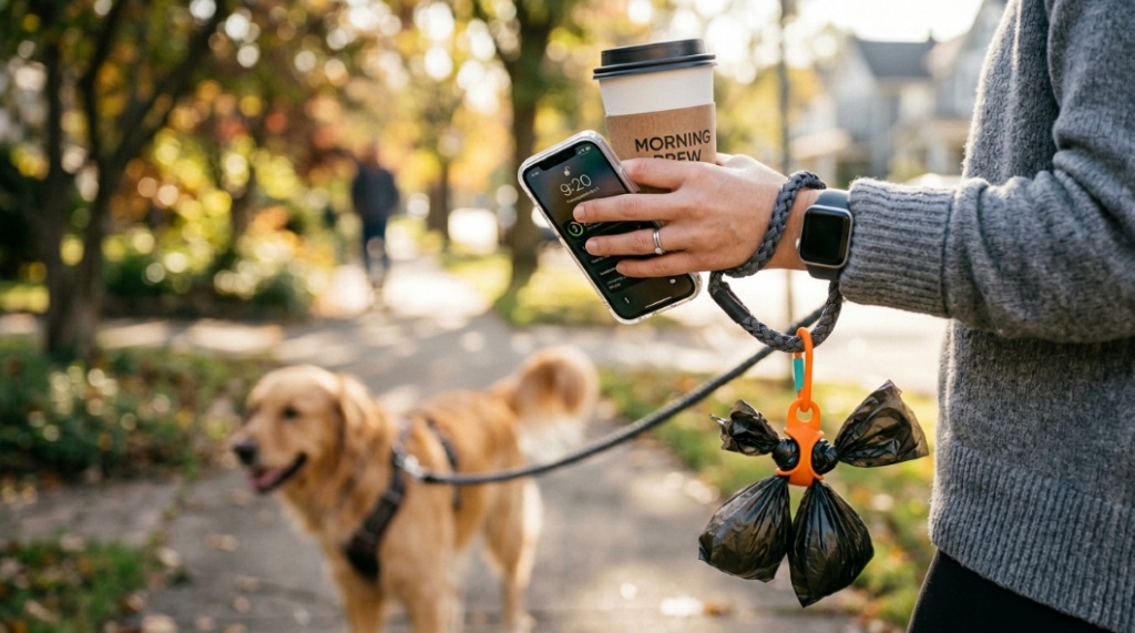 Close-up of a dog owner holding coffee and a phone while a leash attachment holds the used waste bag.