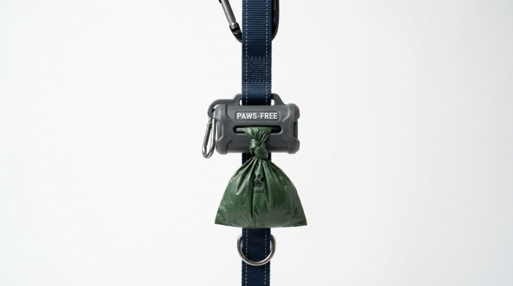 Detailed view of a hands-free waste bag clip attached to a nylon leash holding a knotted bag securely.