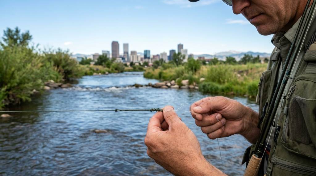 Fishing gear with braided line and fluorocarbon leader prepared near rocky Denver riverbank for conservation focused angling