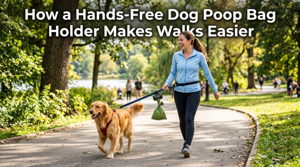 Happy person walking a Golden Retriever in a park with a hands-free dog poop bag holder attached to the leash.