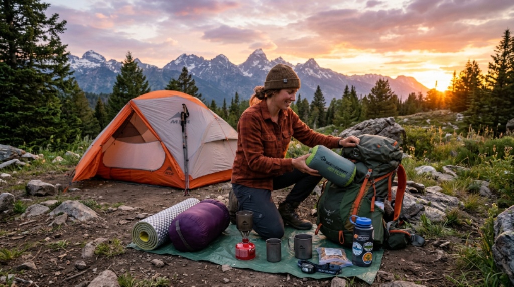 Hiker unpacking compact outdoor travel gear including a rolled travel pillow beside a mountain campsite at sunset