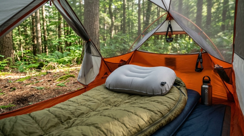 A lightweight inflatable travel pillow resting on top of a sleeping bag inside a backpacking tent in the woods