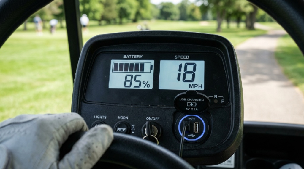 Close-up of an electric golf cart dashboard showing battery charge level, speed display, and USB charging port