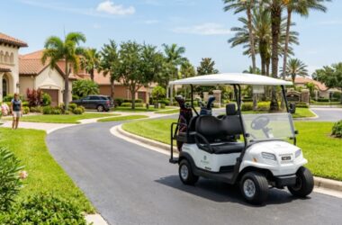 A white four-seat electric golf cart parked on a paved path inside a sunny gated residential community