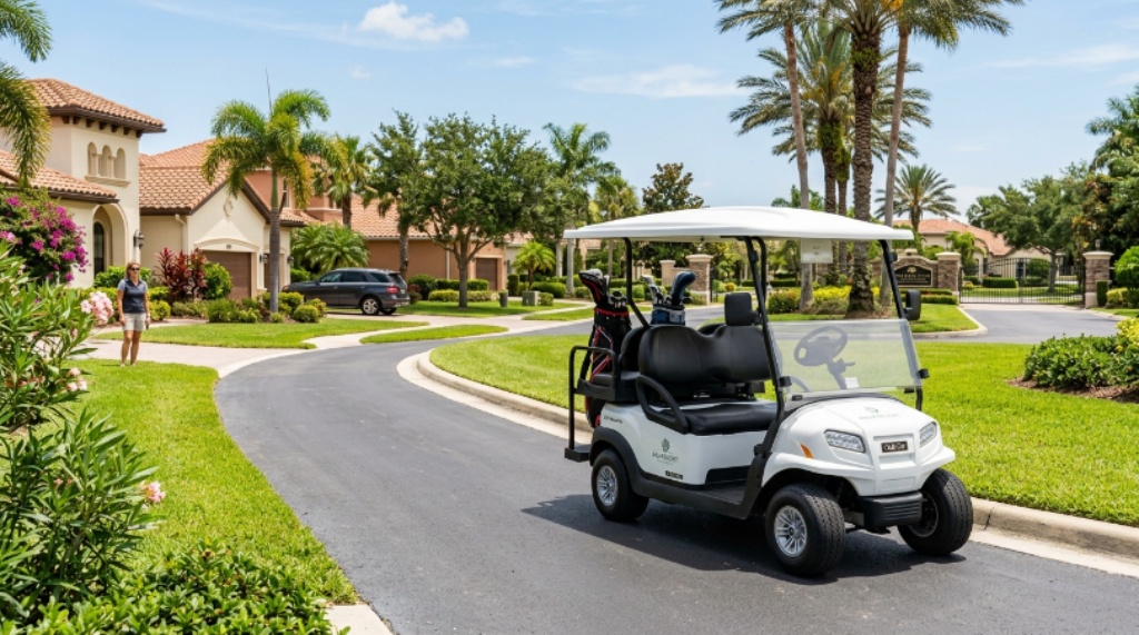A white four-seat electric golf cart parked on a paved path inside a sunny gated residential community