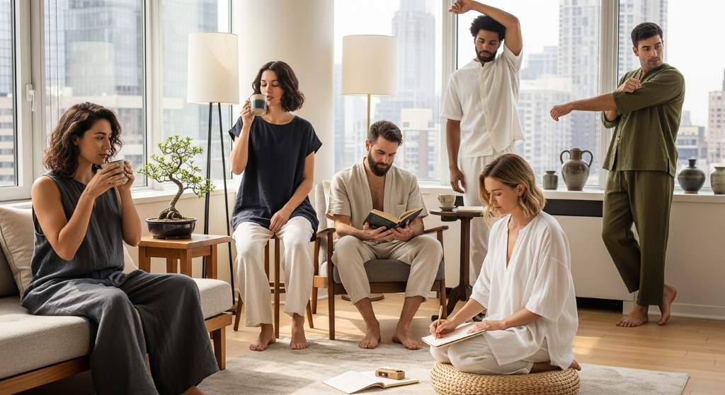 Neutral-toned Japanese indoor fashion with cozy apartment aesthetic