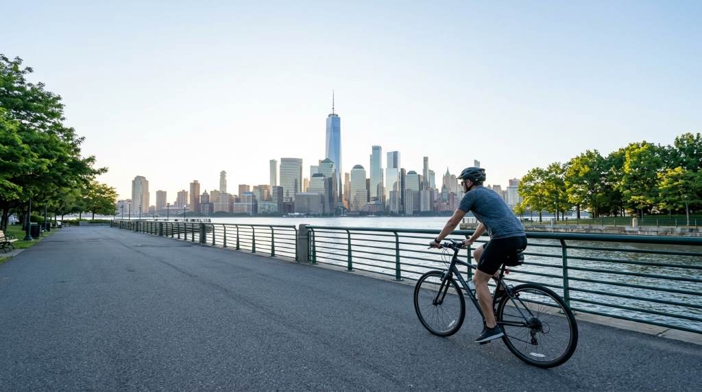 Riverside bicycle trail near Liberty State Park with green trees, paved paths, and New York City skyline in the background