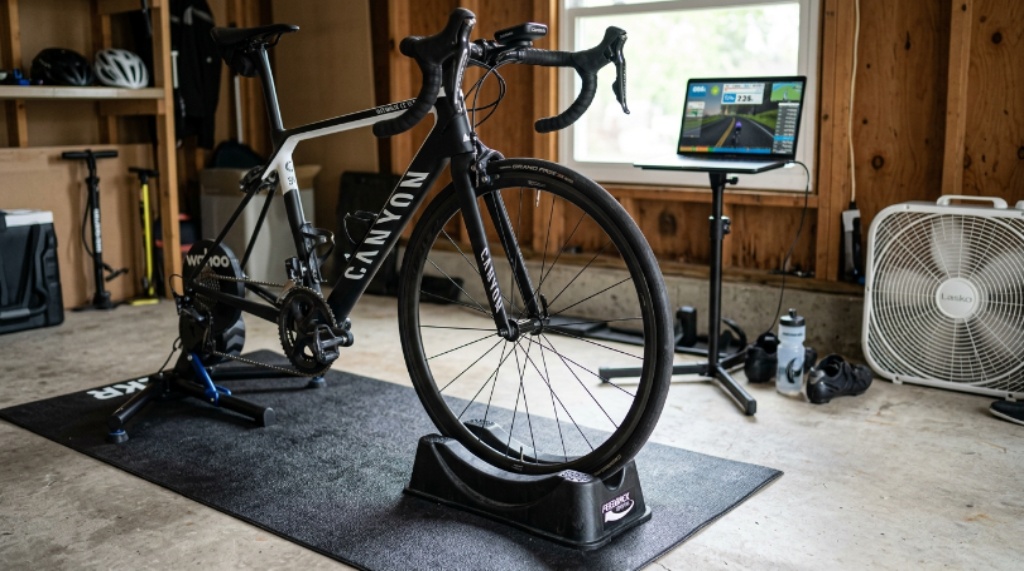 A front wheel riser block supporting a road bike on an indoor trainer for better balance